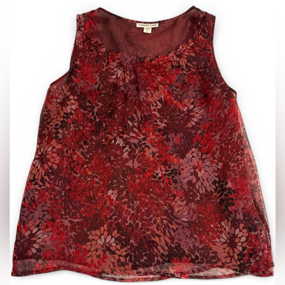 Coldwater Creek Red Floral Scoop Neck Sheer Sleeveless Blouse Size L/14